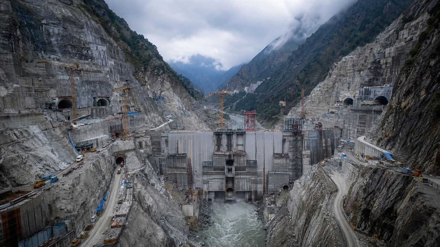 A colossal hydropower dam under construction in a Himalayan gorge