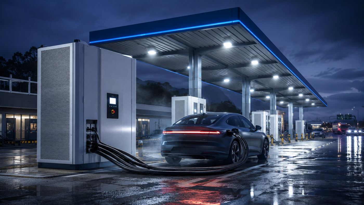 A modern liquid-cooled megawatt charging station with thick cooling cables connected to an electric car at a Chinese highway stop