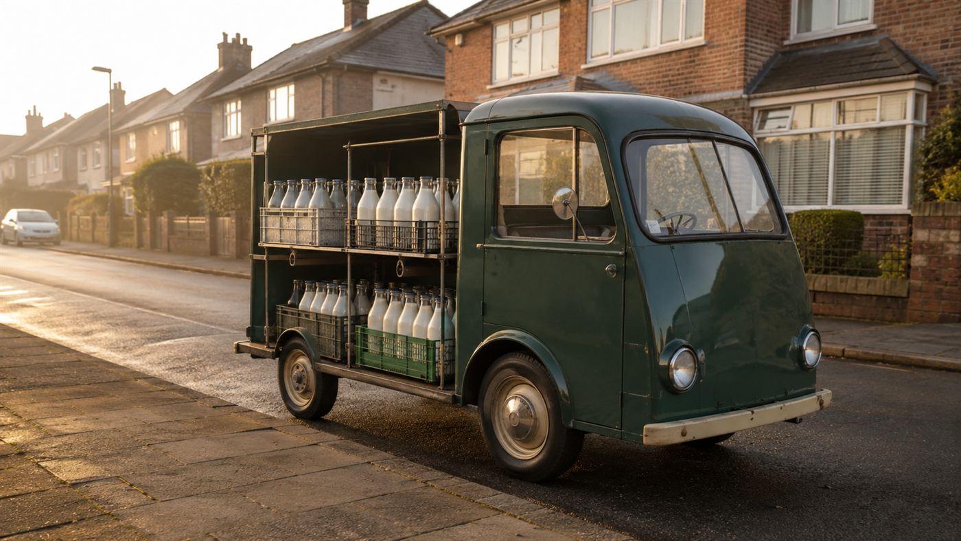 A classic small British electric milk float loaded with crates of glass milk bottles, parked on a quiet suburban street in the soft light of early morning
