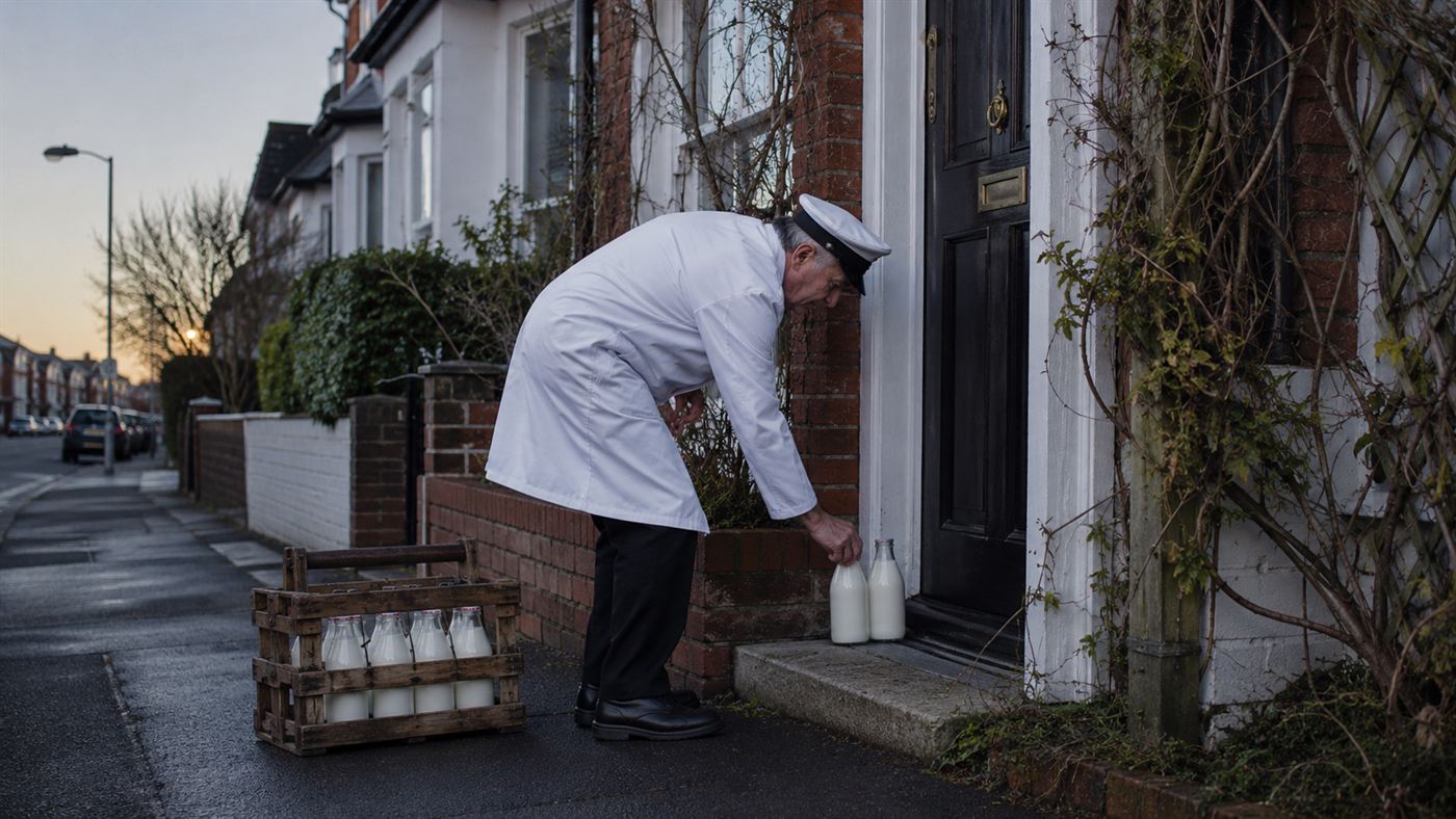 A milkman in the early morning placing glass bottles of milk on the doorstep of a British house, with crates of bottles beside him