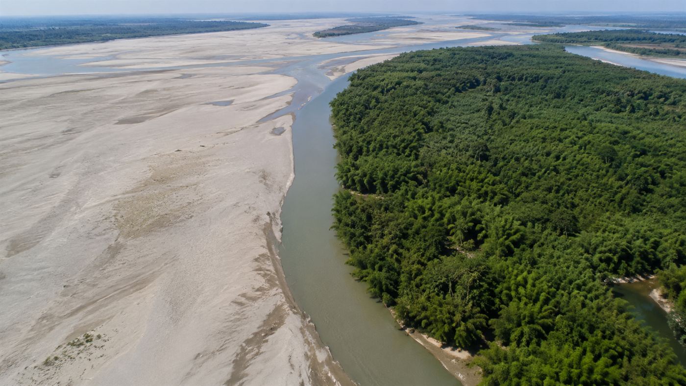 Aerial contrast of a wide braided river with a bare sandbar on one side and a thick green forest covering another sandbar