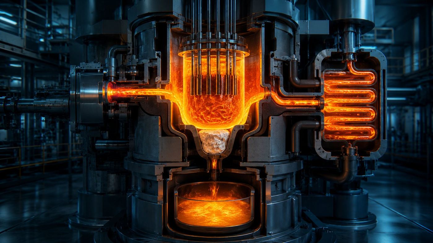 A glowing cutaway concept of a liquid-fuel molten-salt reactor core with incandescent molten salt and a frozen salt plug below