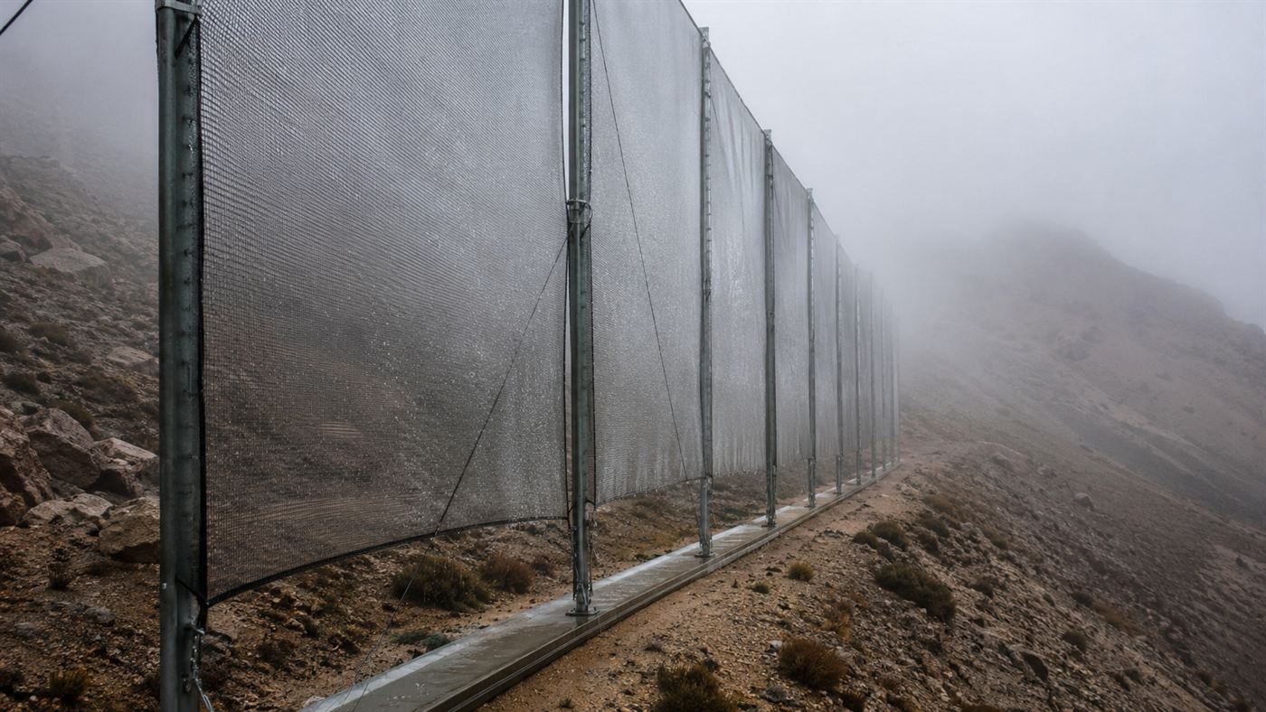 Tall mesh fog nets on a misty arid mountain ridge in Morocco catching water from the cloud