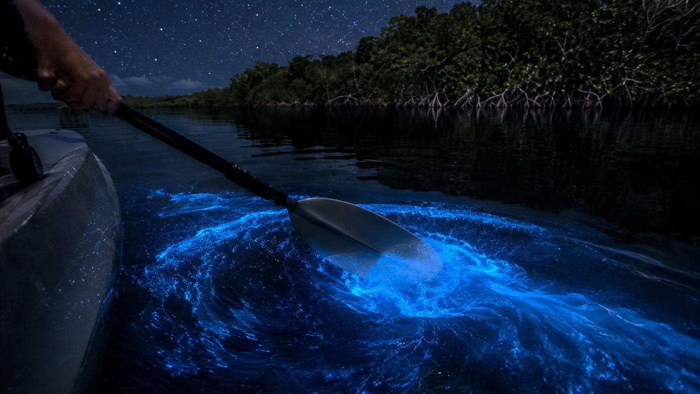 A kayak paddle dipping into dark night water that glows electric blue with bioluminescence