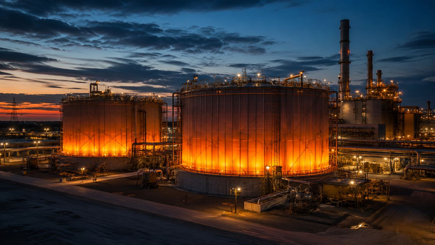 Large industrial molten salt thermal storage tanks beside a power plant glowing with heat at dusk