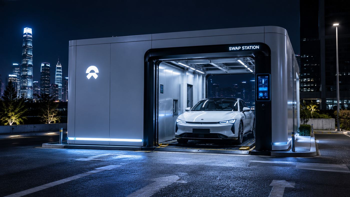 A sleek modern automated electric car battery swap station at night with a white electric sedan parked inside