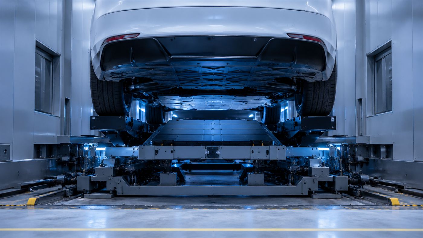 An automated mechanism underneath an electric car removing a large flat battery pack inside a swap station