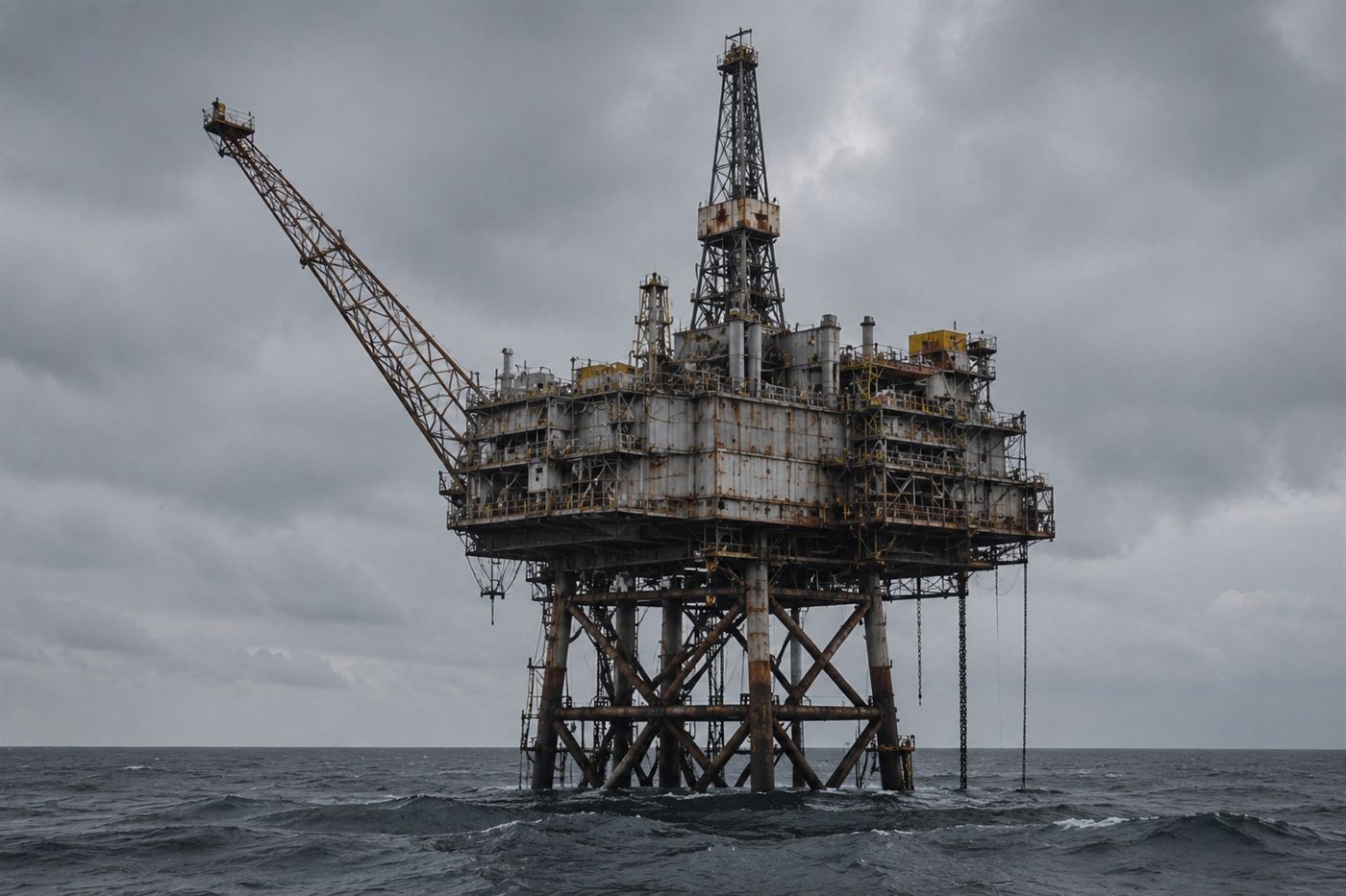 An ageing steel oil platform standing alone in a grey choppy North Sea under an overcast sky