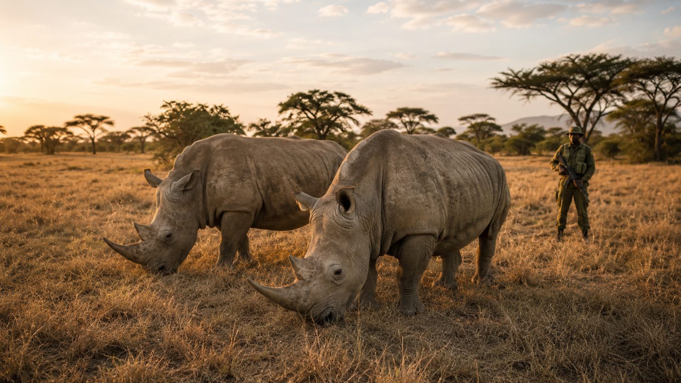 Two white rhinos grazing on the open grassland of a Kenyan conservancy at golden hour with an armed ranger watching