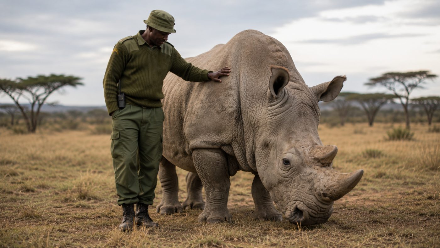 A wildlife keeper in uniform standing close to a large white rhino, resting a hand gently on its thick grey hide on the savanna