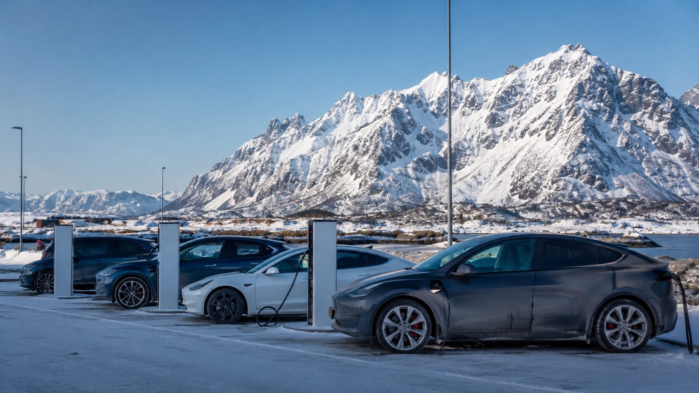 A row of electric cars plugged into fast-charging stations in a snowy car park in Norway with mountains in the background