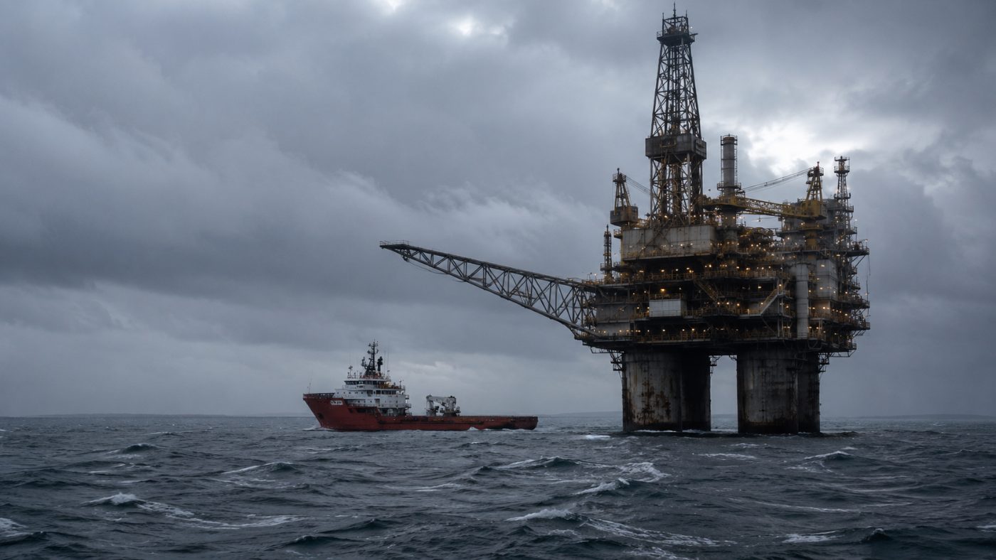 A large offshore oil and gas platform standing in the grey North Sea under a moody sky, with a supply vessel beside it