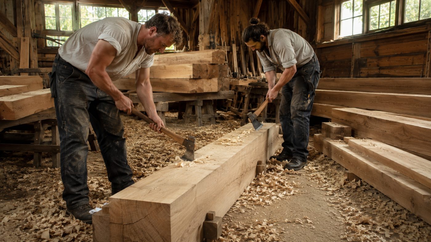Carpenters in work clothes shaping a large squared oak beam by hand with axes inside a timber workshop, wood chips on the floor