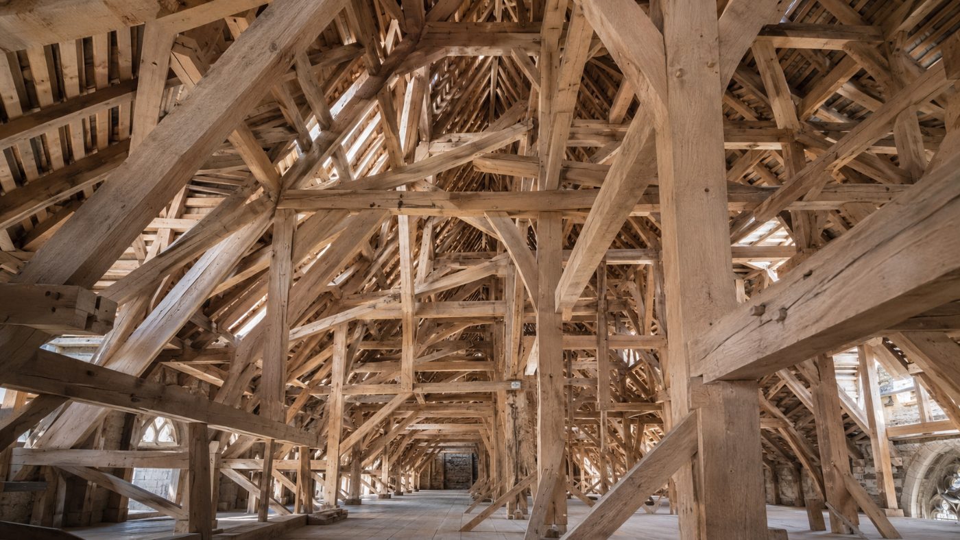 The vast newly rebuilt oak roof frame of a cathedral, a dense lattice of pale fresh timber beams forming a long attic space lit by daylight