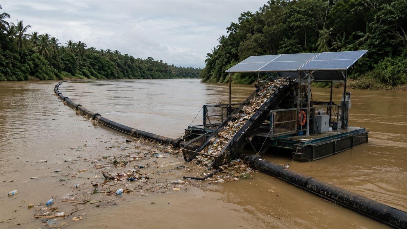A solar-powered floating barrier and conveyor system catching plastic waste in a muddy tropical river before it reaches the sea