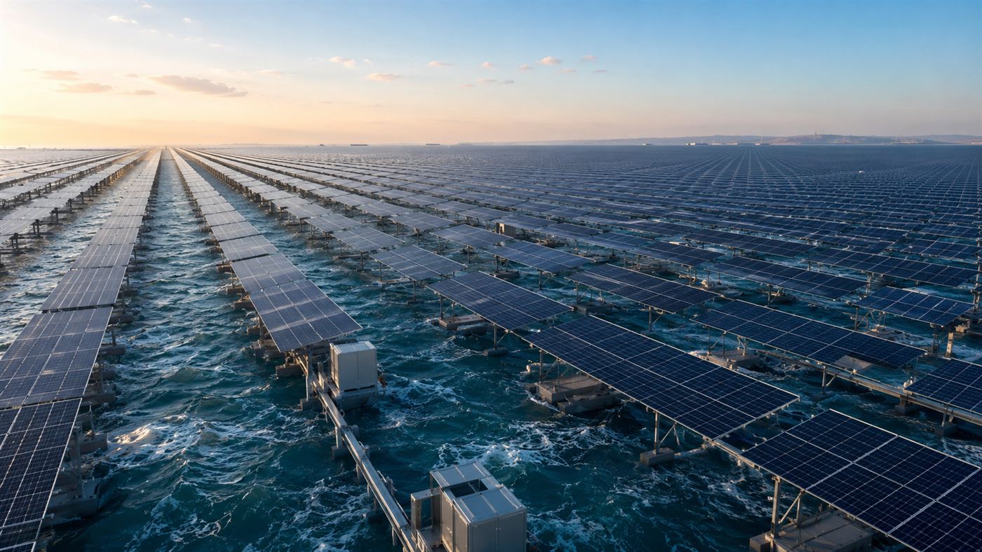 An aerial view of a vast floating solar farm of dark panels on steel platforms stretching across the open sea at dawn