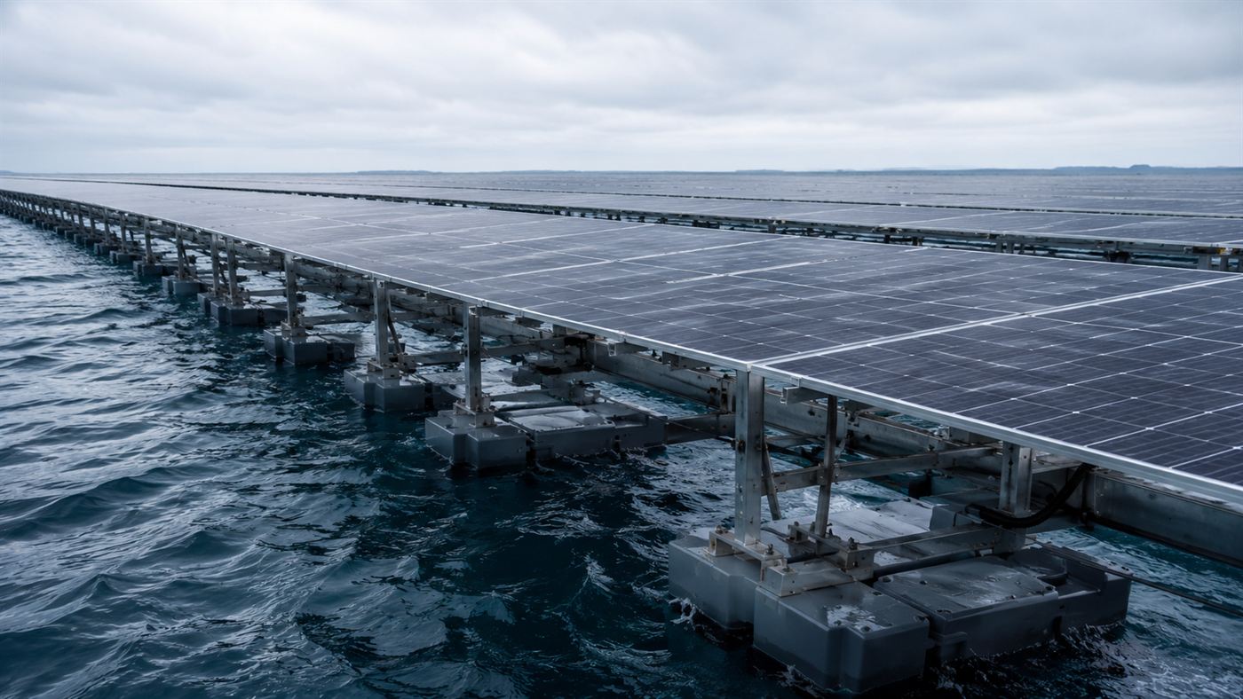A close view of rows of solar panels on steel floating platforms surrounded by seawater under an overcast sky