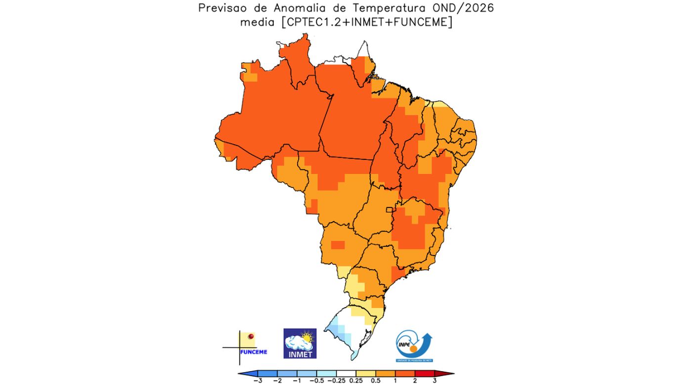Mapa do Inmet com a anomalia de temperatura prevista para a primavera de 2026, em tons de laranja em quase todo o Brasil