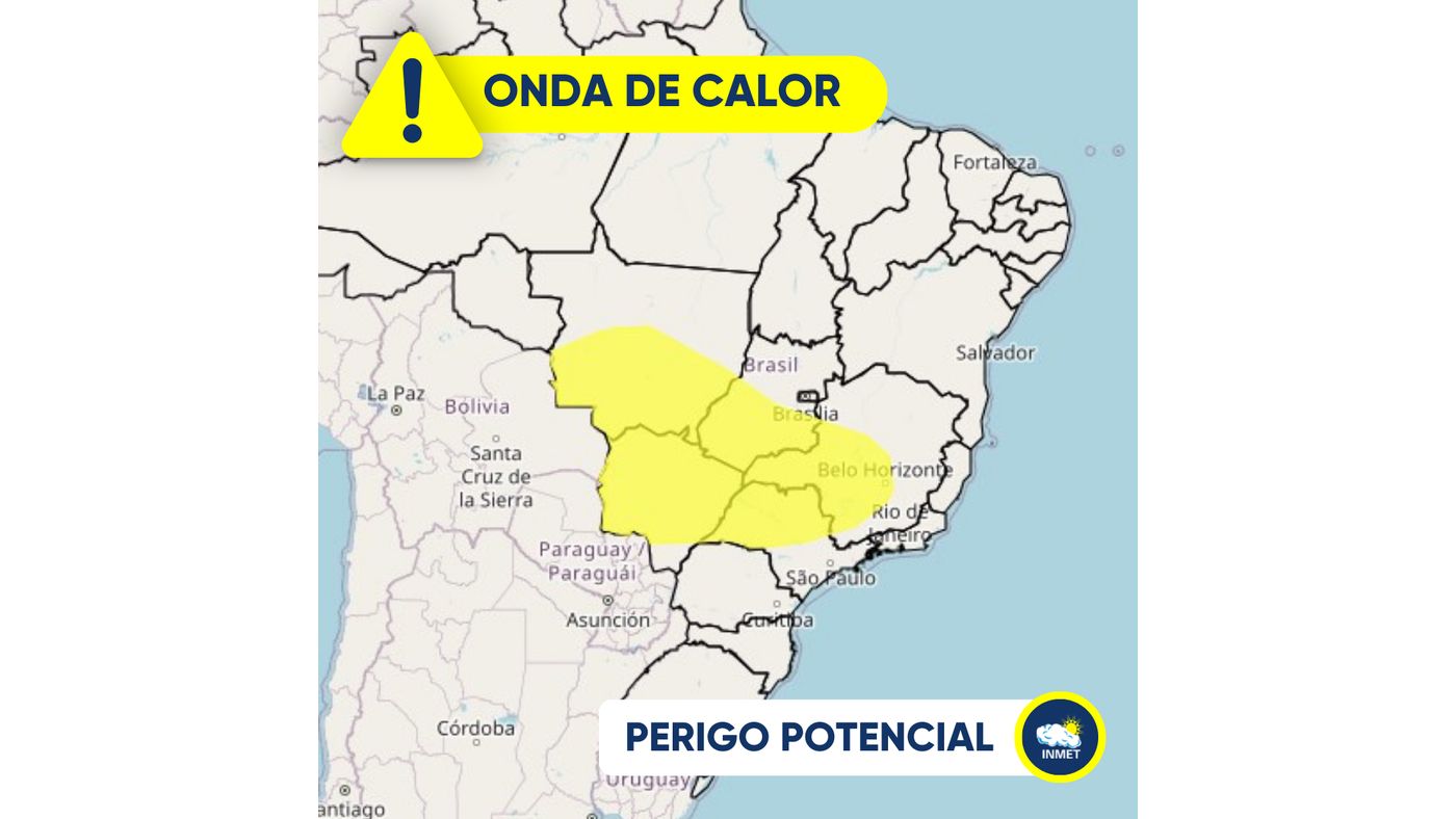 Card do Inmet de aviso amarelo de onda de calor, perigo potencial, com a área em amarelo no mapa