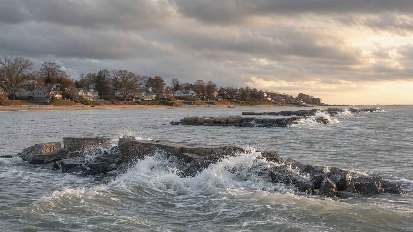 A chain of stone oyster-reef breakwaters off a residential coast