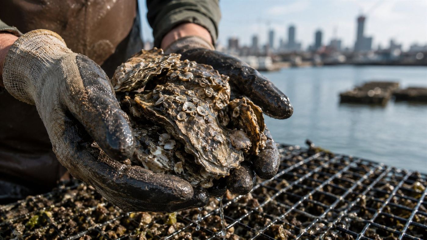 Gloved hands holding a cluster of recycled oyster shells encrusted with tiny young spat oysters above a restoration cage with a city skyline blurred behind
