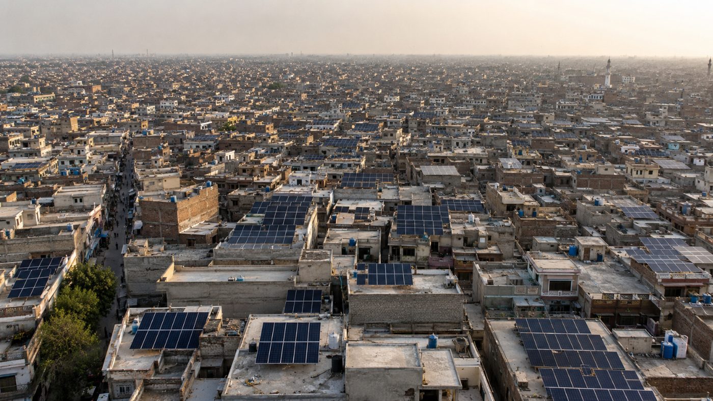 An aerial view over a dense Pakistani city where flat concrete rooftops are covered with rows of solar panels stretching to the horizon