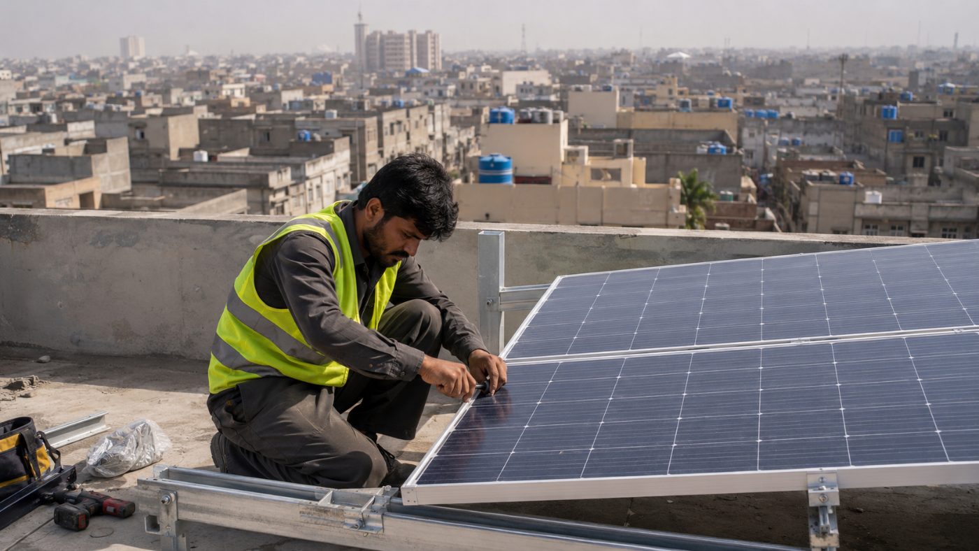 A worker in a high-visibility vest kneeling on a city rooftop fixing a solar panel into a metal frame with a dense skyline behind