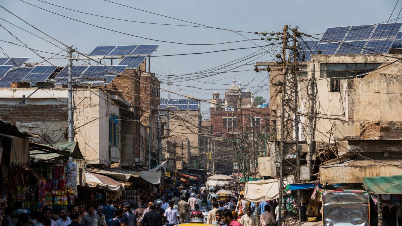 A busy Pakistani market street with tangled electricity wires overhead and solar panels mounted on the shop roofs above the stalls