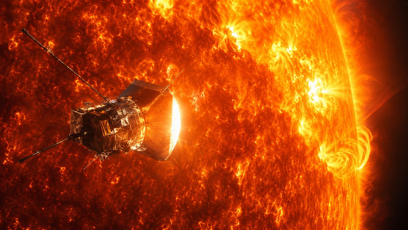A small spacecraft with a glowing white heat shield flying close to the enormous fiery orange surface of the Sun
