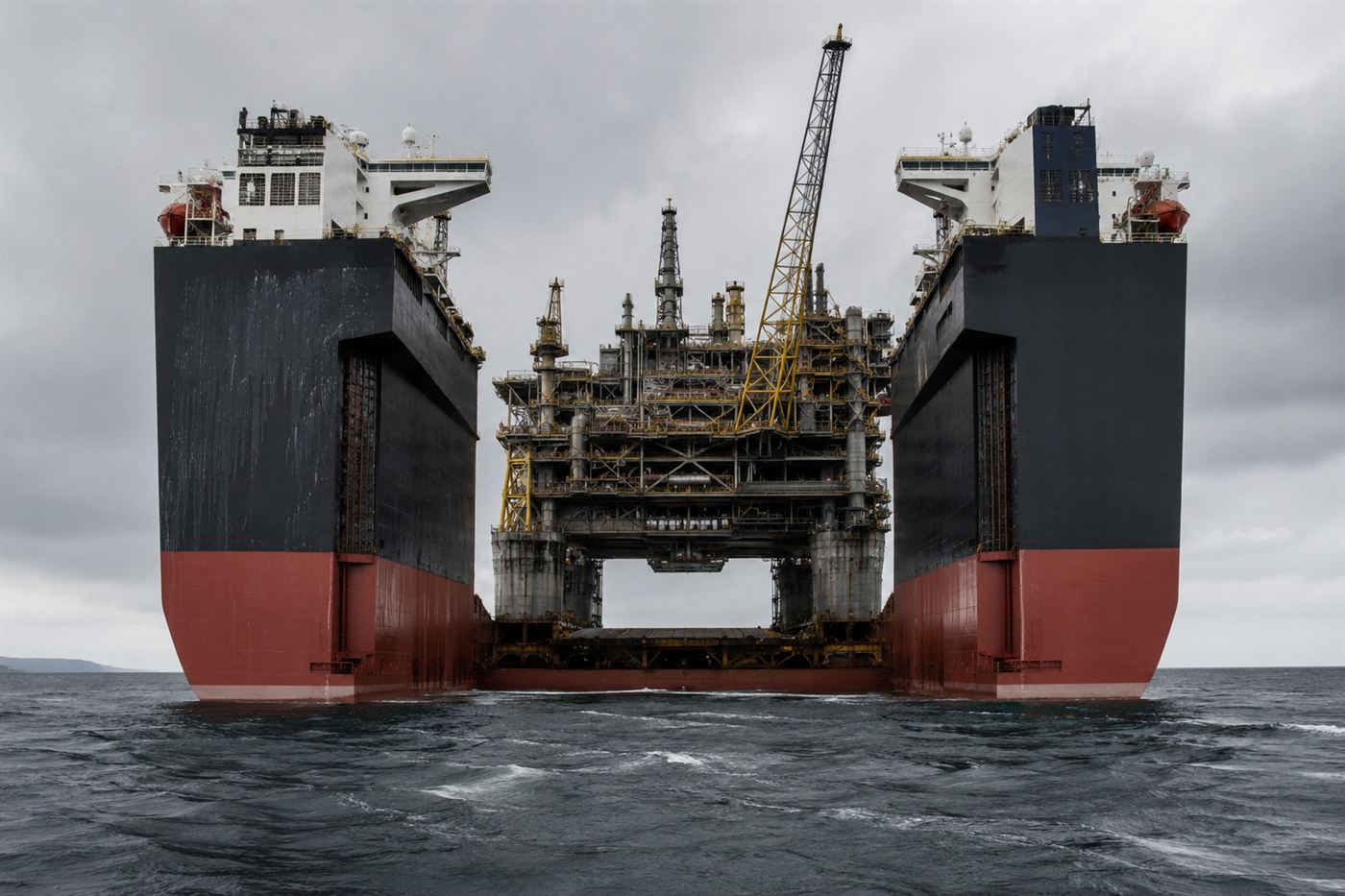 An enormous twin-hull construction ship closing around an offshore oil platform at sea