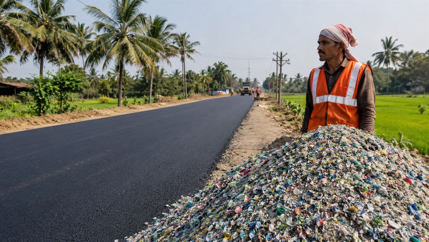 A fresh black tar road in India with a worker beside a heap of shredded colourful waste plastic