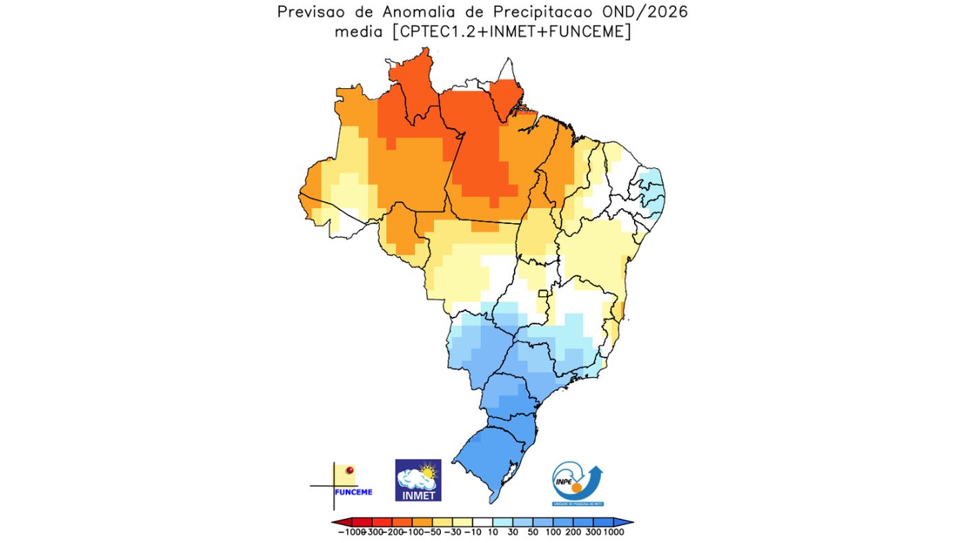 Mapa do prognóstico do Inmet para a primavera de 2026 com a anomalia de chuva prevista: azul no Sul e laranja no Norte