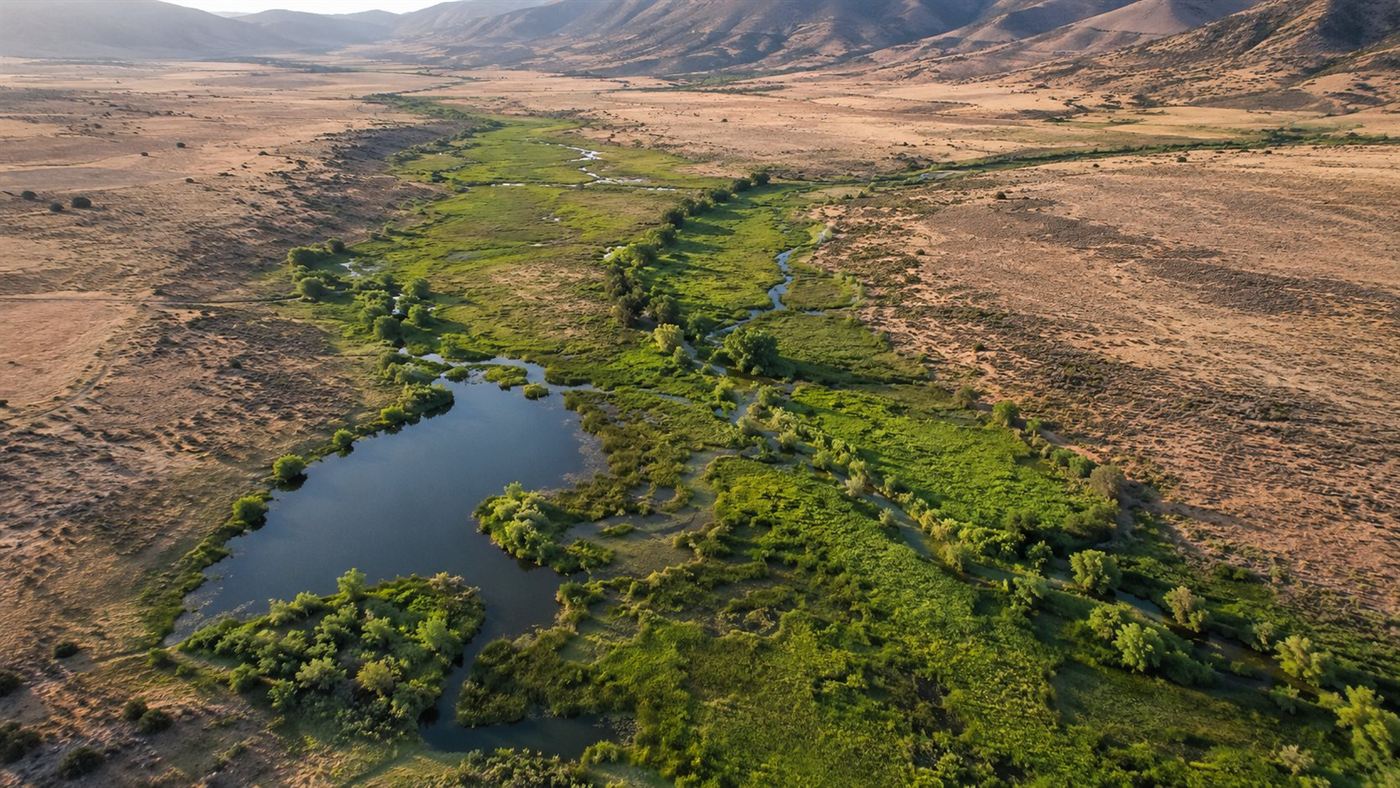 An aerial view of a green beaver wetland with winding channels and ponds spreading through an otherwise dry brown landscape