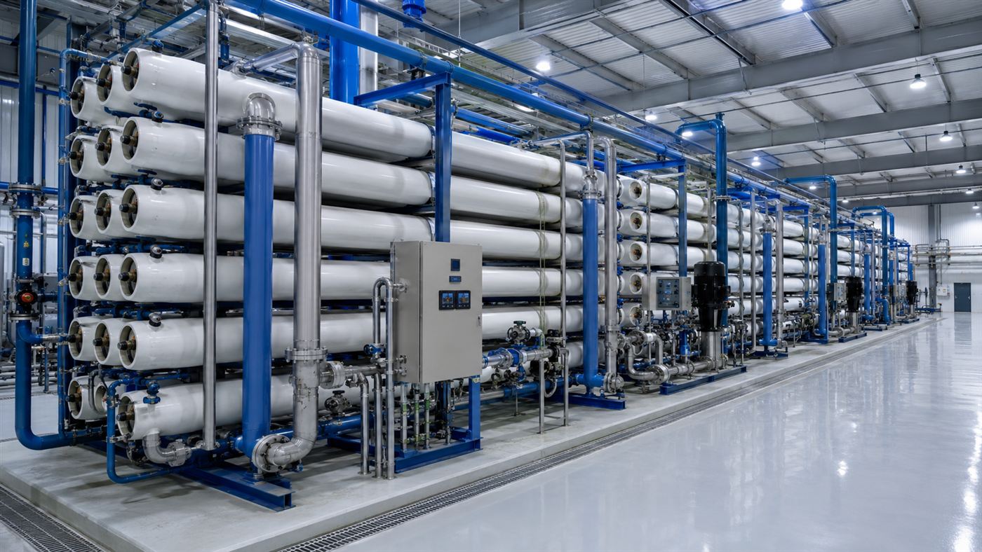 Rows of white cylindrical reverse osmosis membrane pressure vessels inside a desalination plant
