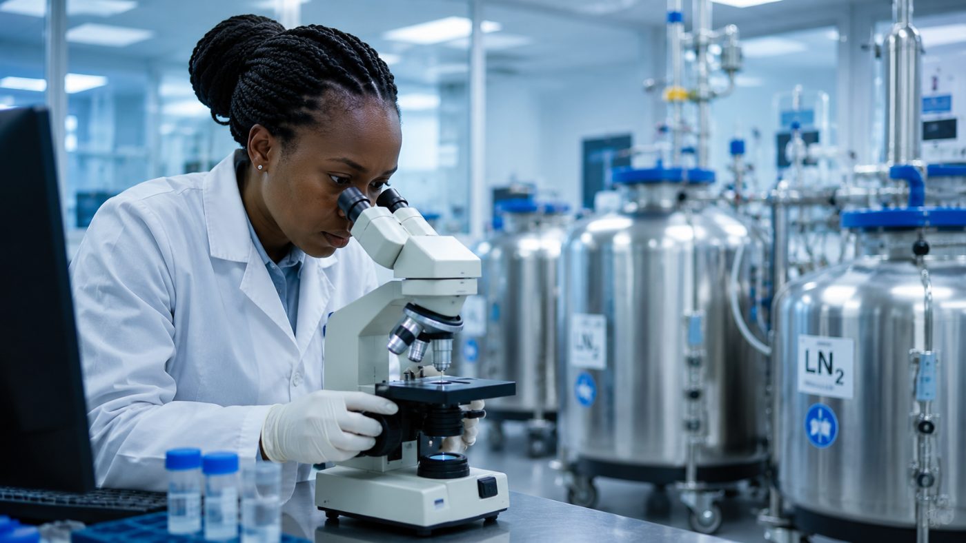A scientist in a lab coat and gloves looking into a microscope in a laboratory, with cryogenic storage tanks of liquid nitrogen in the background