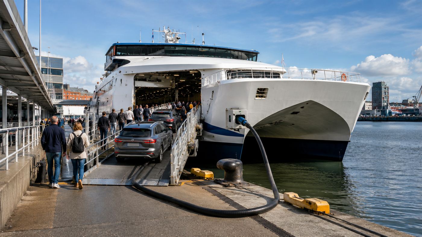 Passengers and cars boarding a large modern ferry at a riverside terminal with a charging connection on the dock