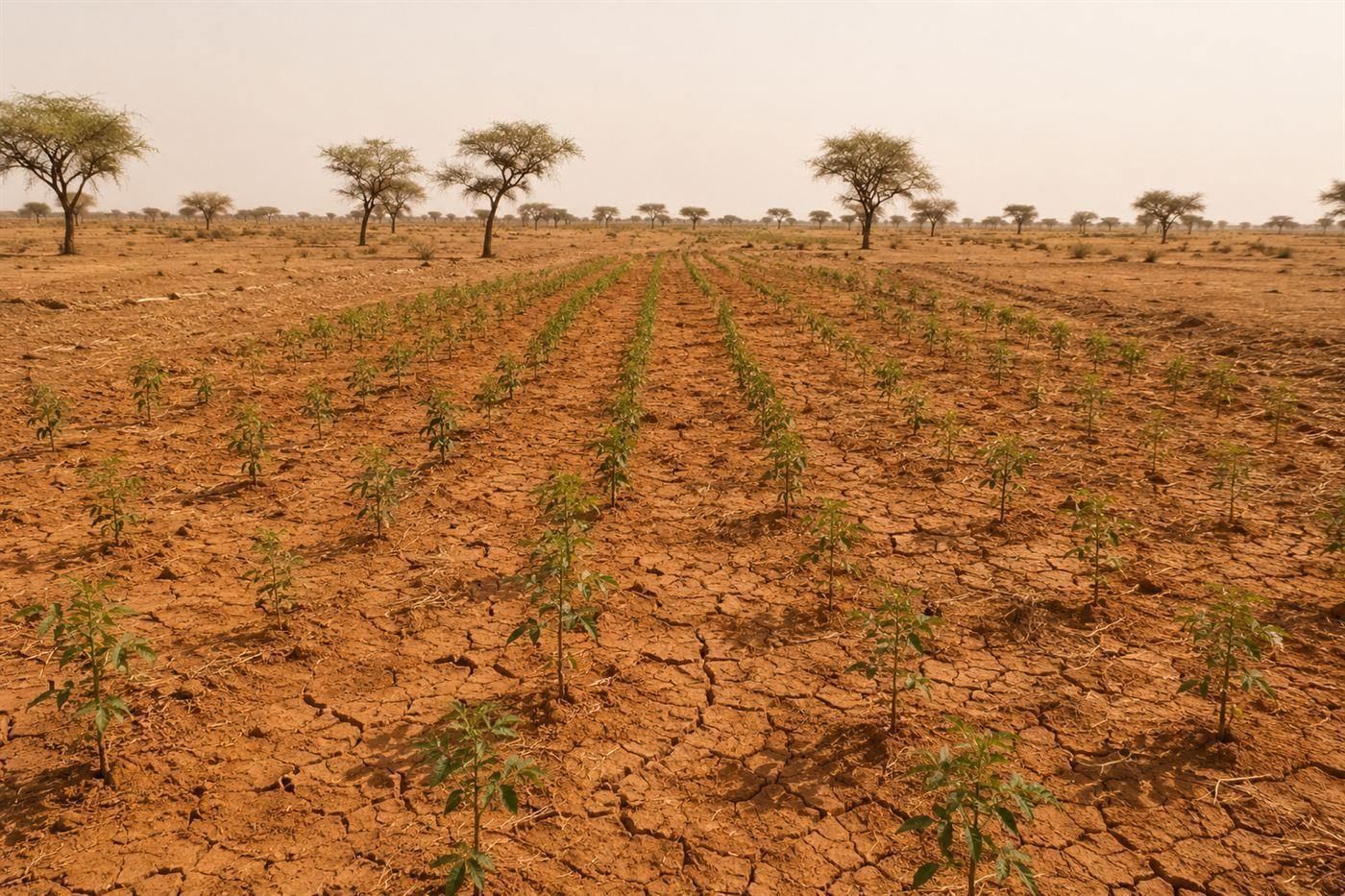 Rows of young tree saplings growing in dry cracked reddish soil in the Sahel with sparse acacia trees in the distance