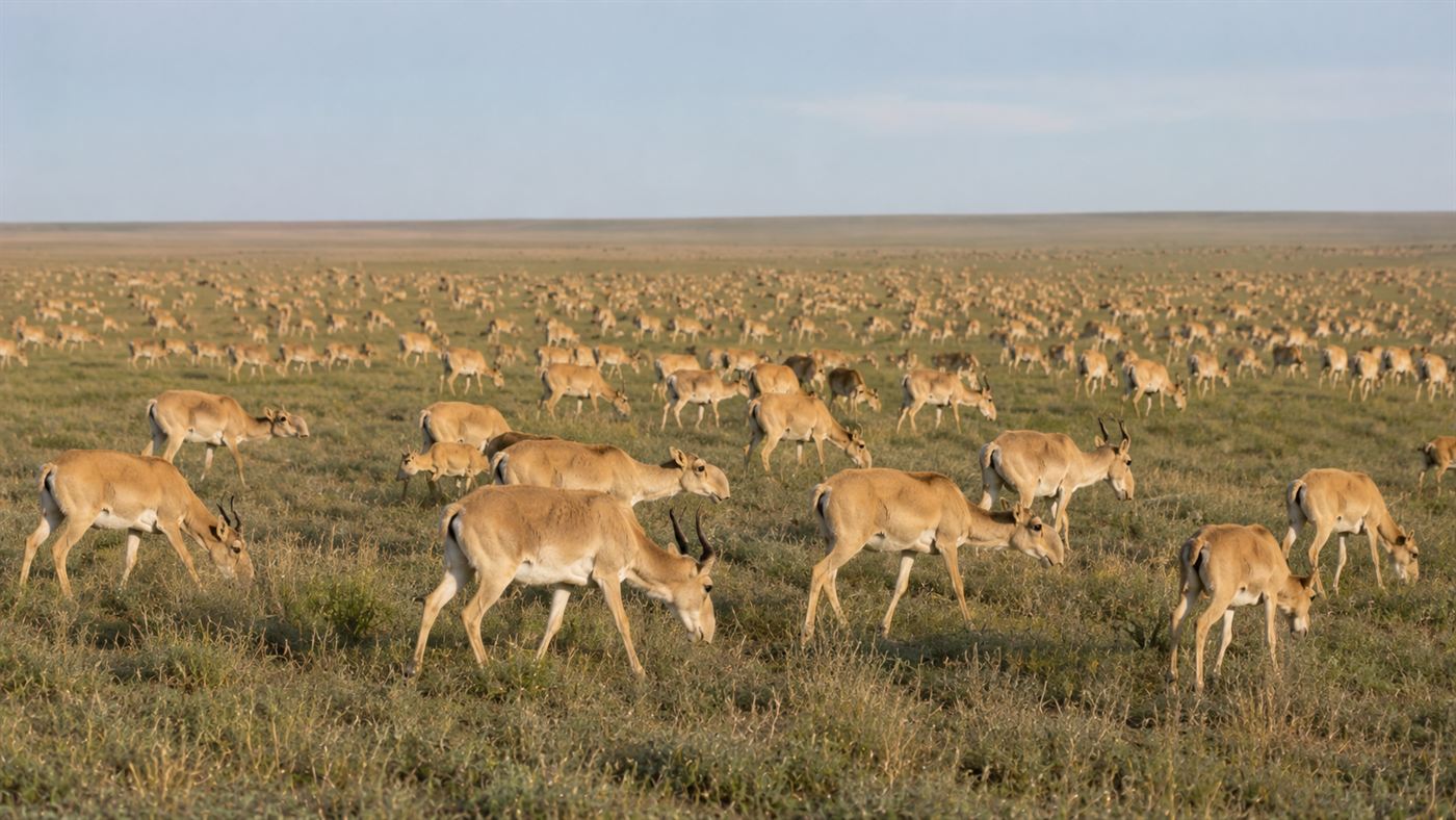 A large herd of saiga antelope spread across the open grassy steppe under a wide sky, hundreds of pale animals grazing