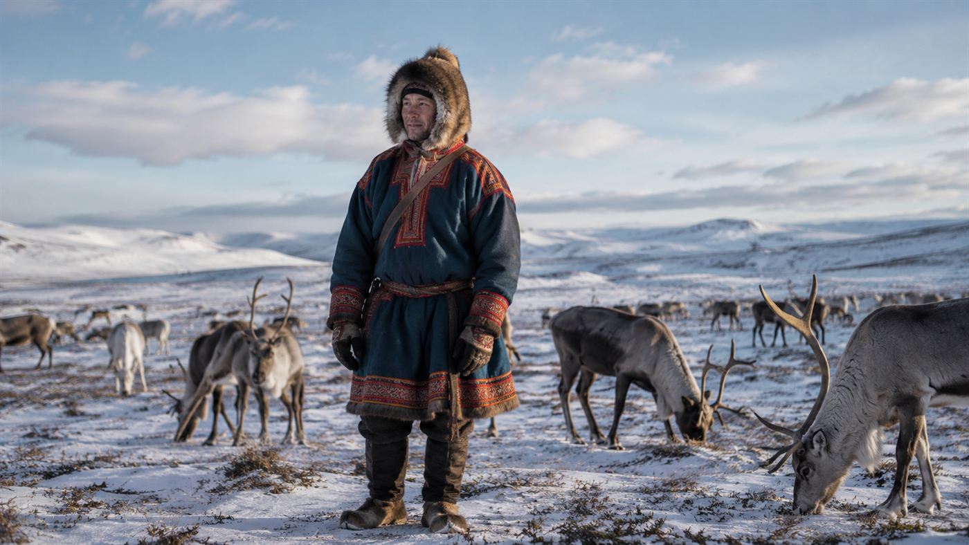 A Sami reindeer herder in winter clothing standing among a scattered herd of reindeer on a vast snowy Norwegian plateau in cold light