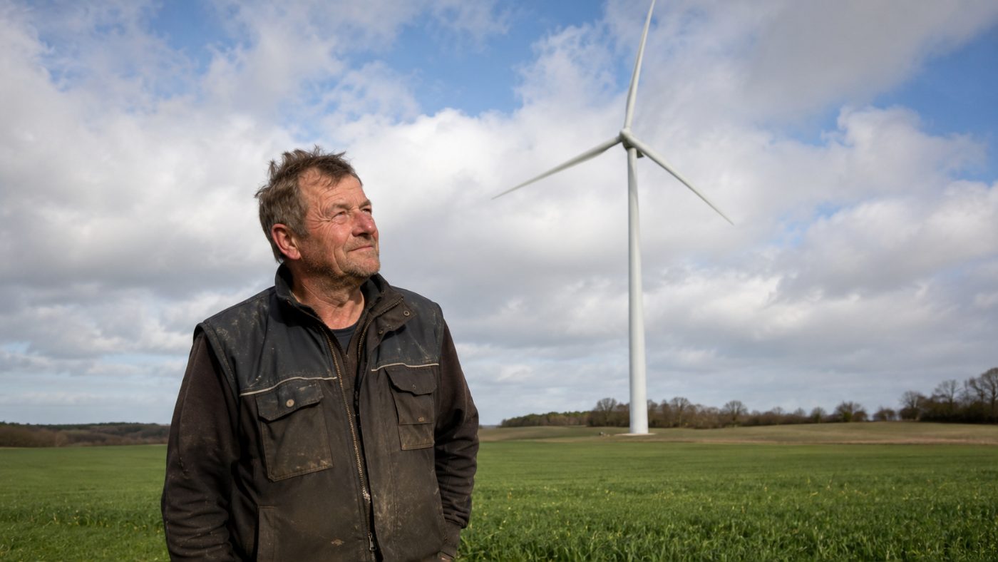 A weathered Danish farmer in work clothes standing in a green field in front of a tall white wind turbine, looking up at it