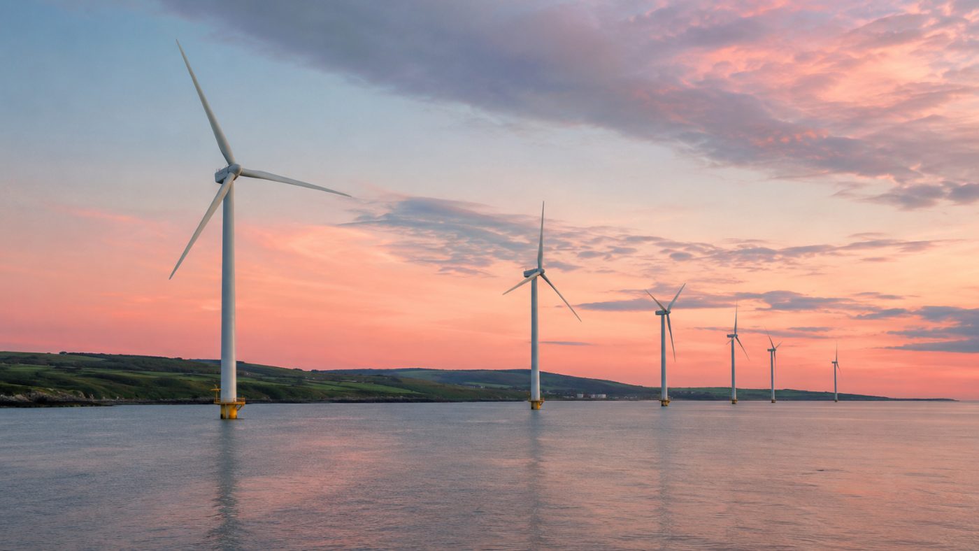 A row of large offshore wind turbines standing in a calm grey-blue sea off a low green coastline at dusk