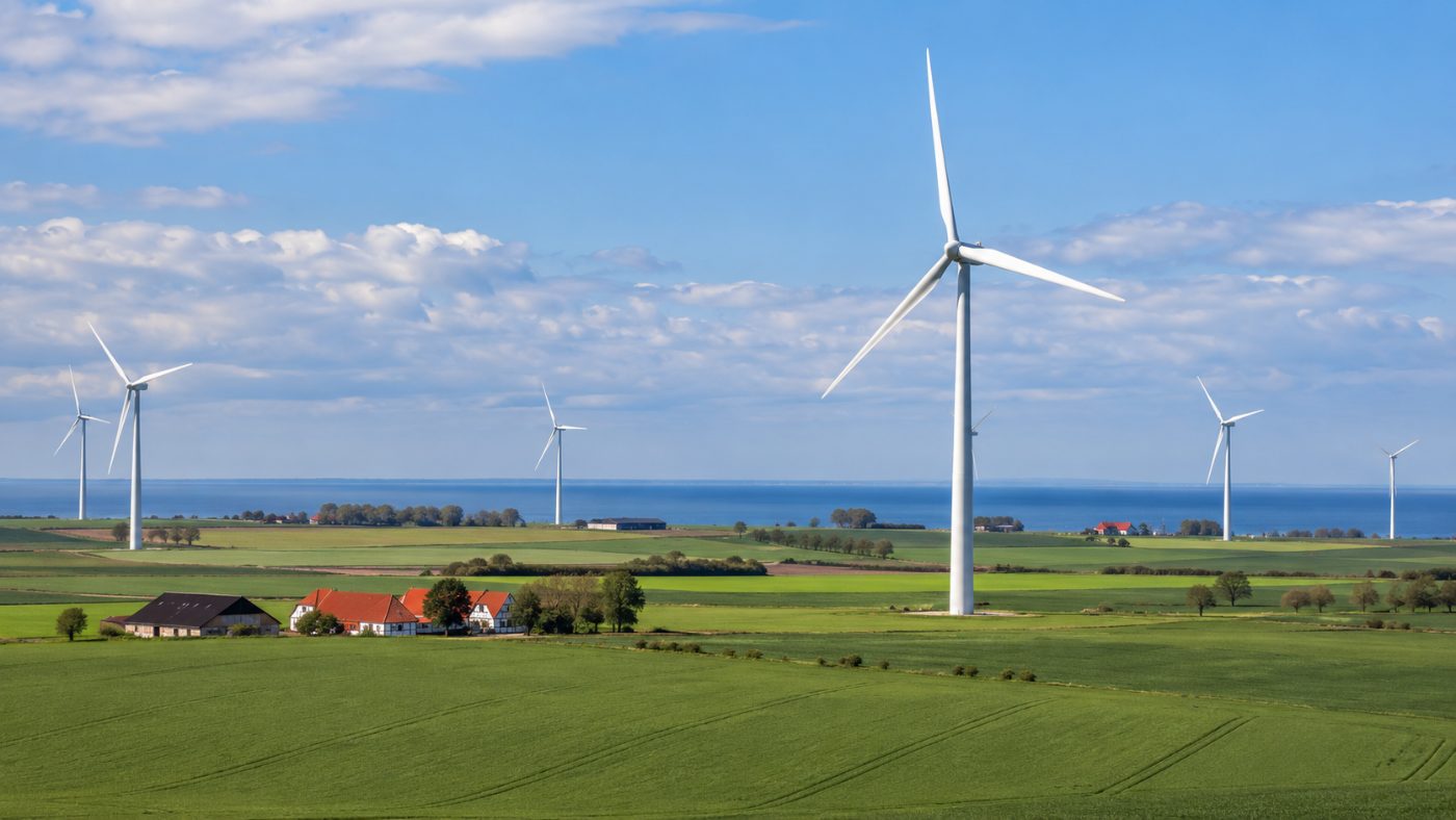 Several large white wind turbines standing across green farmland on a flat Danish island with the sea in the distance