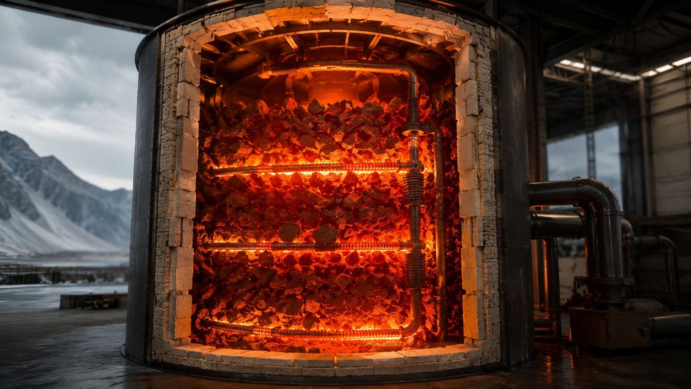Cutaway view of an insulated silo filled with glowing crushed soapstone with heating elements running through it
