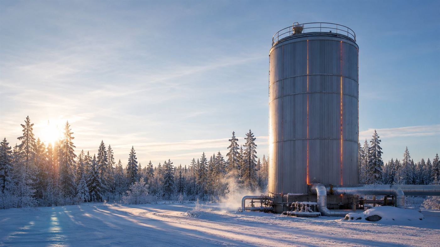 A tall sand battery silo in a snowy Finnish landscape