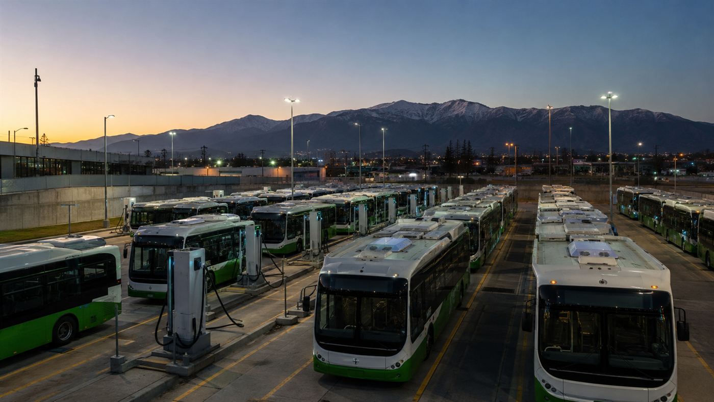 Rows of electric city buses parked and charging at a large depot terminal in Santiago with the Andes mountains in the distance