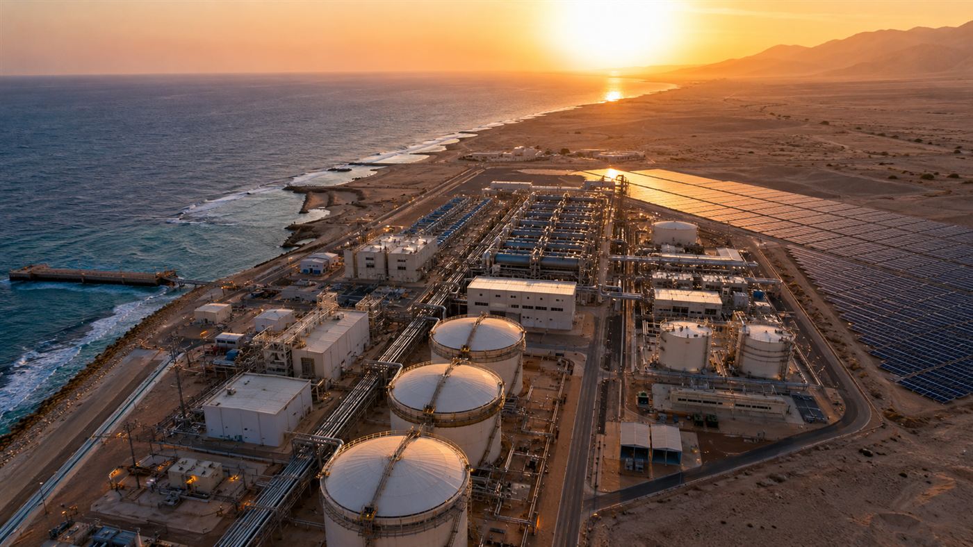 A coastal seawater desalination plant on the Red Sea at sunset with solar panels
