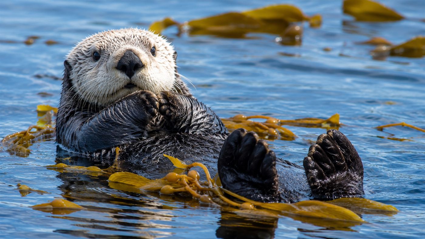 A sea otter floating on its back at the surface of calm blue ocean water among strands of golden kelp