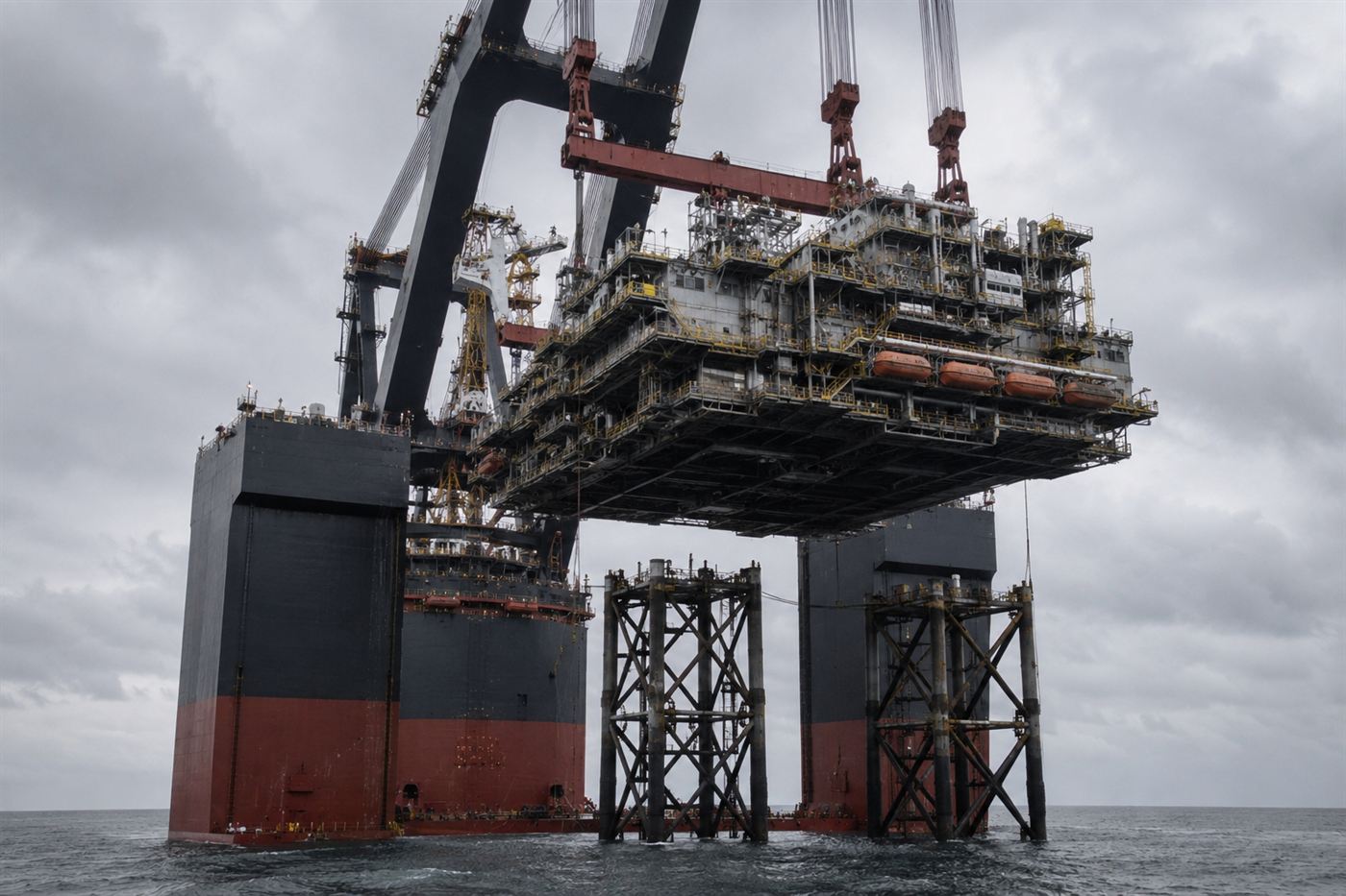 The giant lifting beams of a construction ship taking the full weight of an oil platform deck off its steel legs above the sea