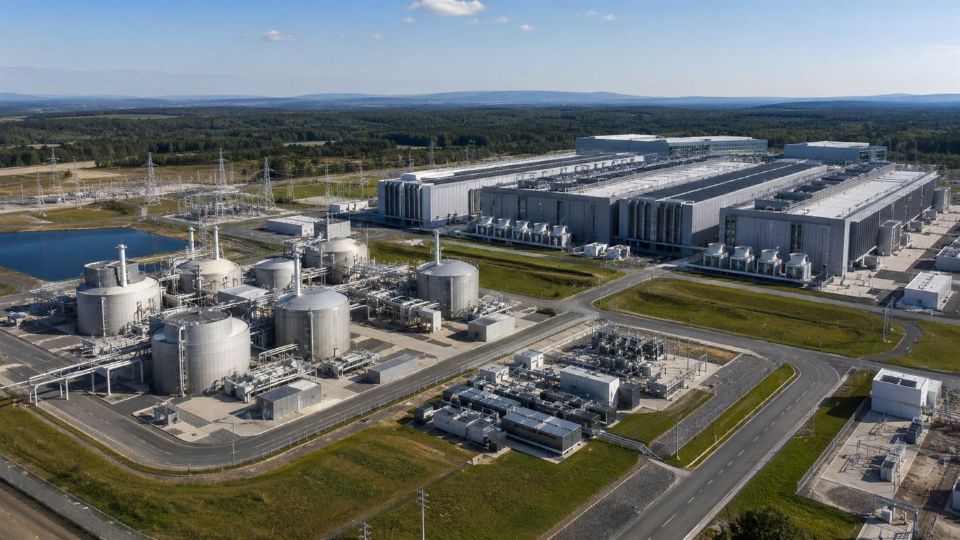 A conceptual rendering of small modular nuclear reactor units sitting beside a large data center campus