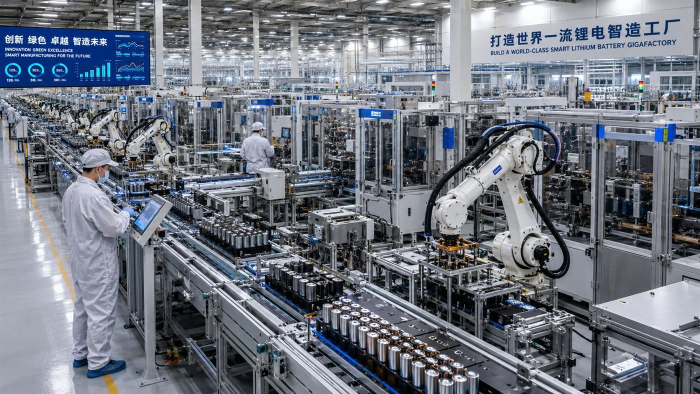 A vast modern battery gigafactory with long automated production lines assembling battery cells